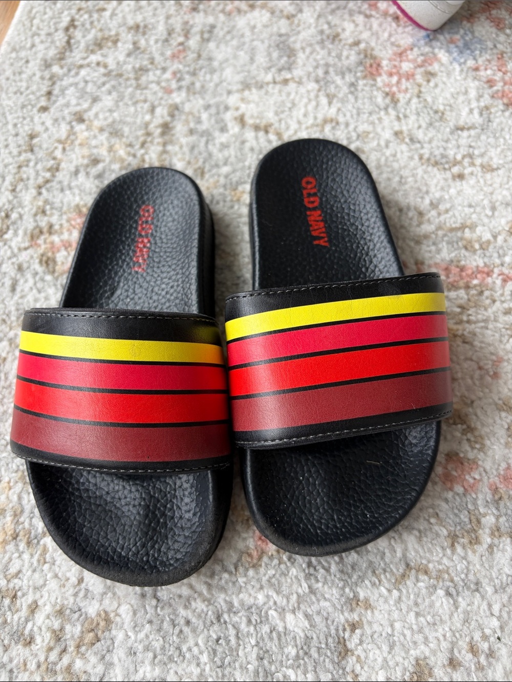Old Navy Black Slides with Red and Yellow Stripe Bands size 10/11